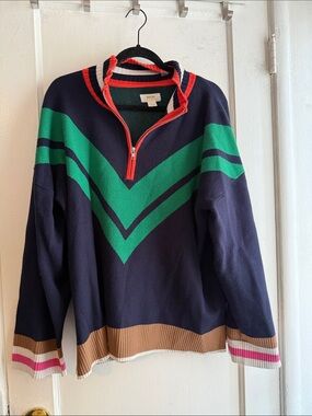 Anthropologie Navy Half-Zip Sweater with Green Chevron and Red Trim